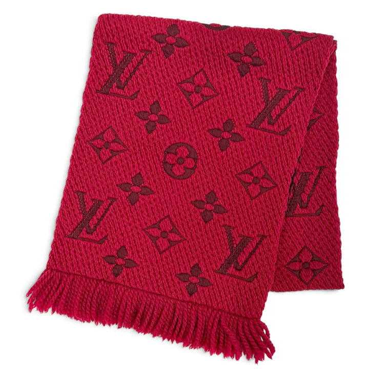 美品△LOUIS VUITTON ルイヴィトン 413287 エシャルプ ロゴマニア ウール シルク ルビー モノグラム フリンジ マフラー レッド 正規品