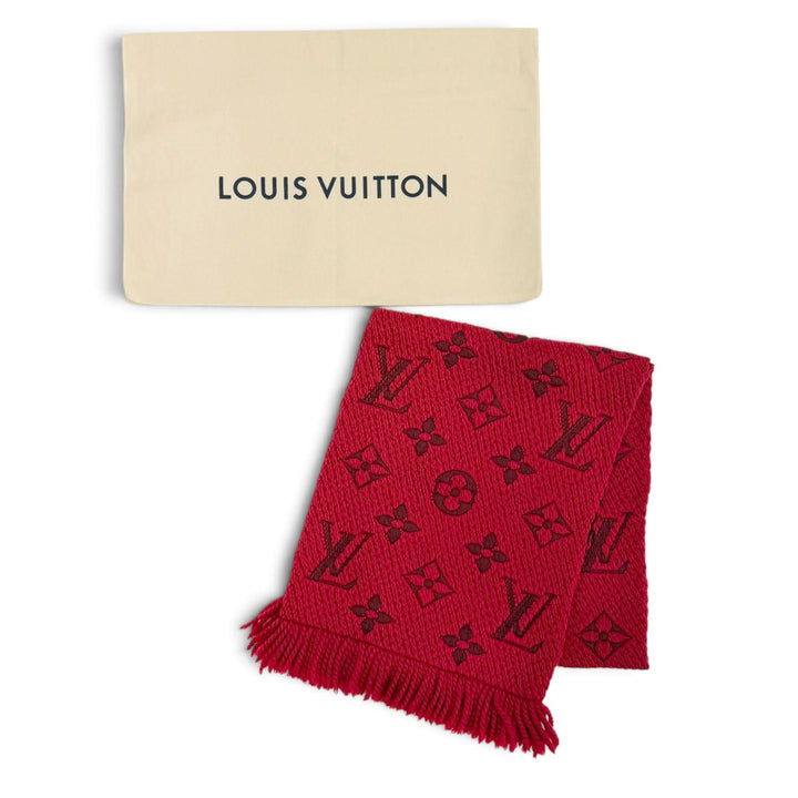 美品△LOUIS VUITTON ルイヴィトン 413287 エシャルプ ロゴマニア ウール シルク ルビー モノグラム フリンジ マフラー レッド 正規品