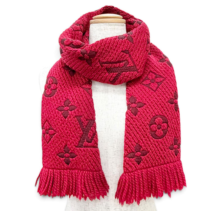 美品△LOUIS VUITTON ルイヴィトン 413287 エシャルプ ロゴマニア ウール シルク ルビー モノグラム フリンジ マフラー レッド 正規品