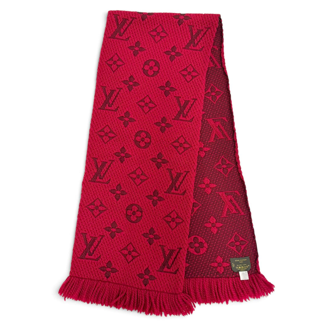 美品△LOUIS VUITTON ルイヴィトン 413287 エシャルプ ロゴマニア ウール シルク ルビー モノグラム フリンジ マフラー レッド 正規品