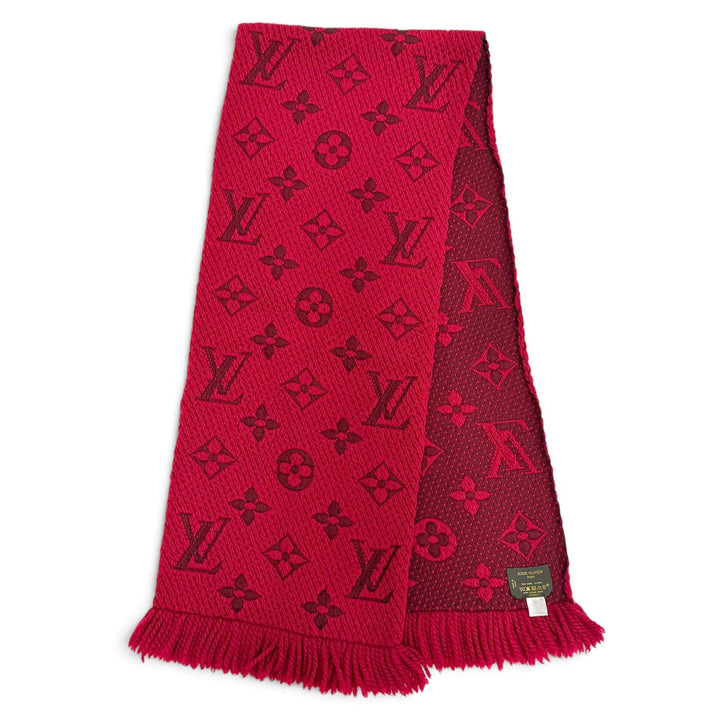 美品△LOUIS VUITTON ルイヴィトン 413287 エシャルプ ロゴマニア ウール シルク ルビー モノグラム フリンジ マフラー レッド 正規品