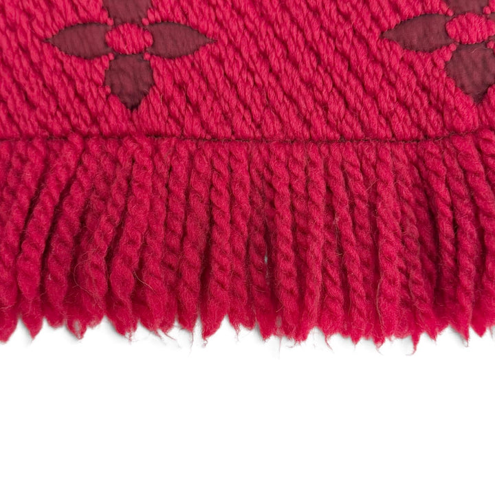 美品△LOUIS VUITTON ルイヴィトン 413287 エシャルプ ロゴマニア ウール シルク ルビー モノグラム フリンジ マフラー レッド 正規品