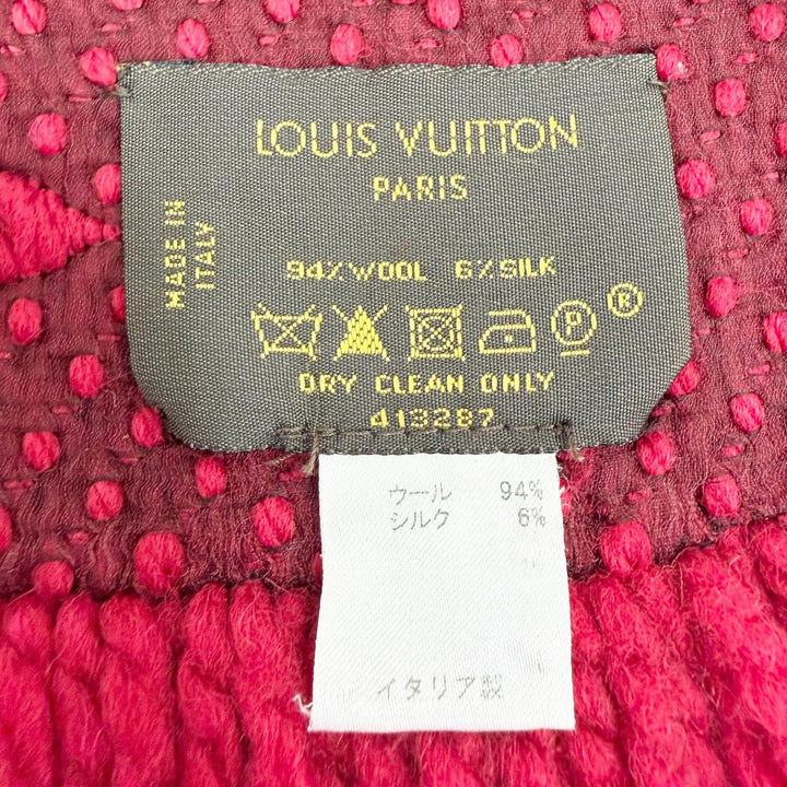美品△LOUIS VUITTON ルイヴィトン 413287 エシャルプ ロゴマニア ウール シルク ルビー モノグラム フリンジ マフラー レッド 正規品