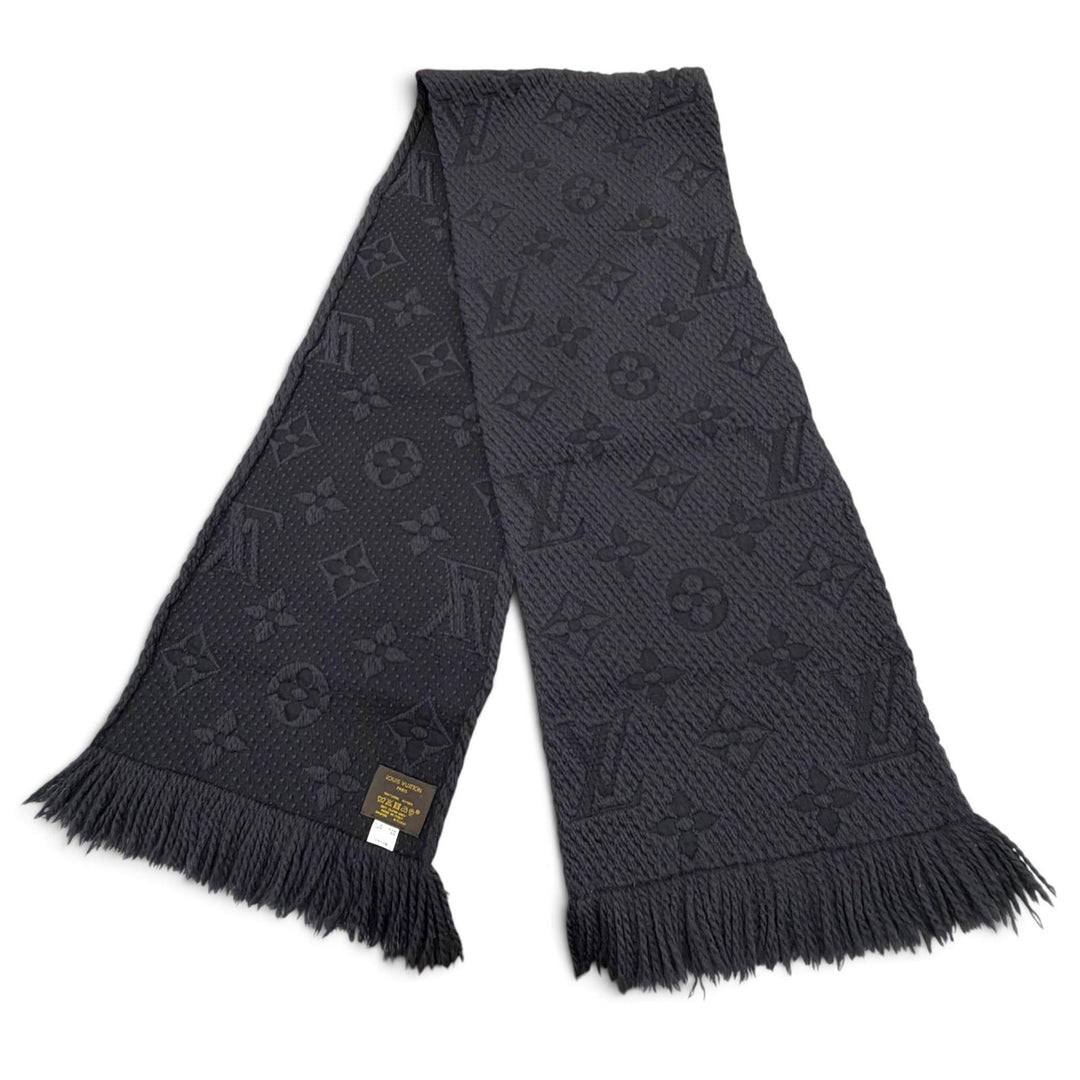 美品▼LOUIS VUITTON ルイヴィトン M72431 エシャルプ ロゴマニア モノグラム ウール シルク フリンジ付き マフラー ダークグレー 正規品