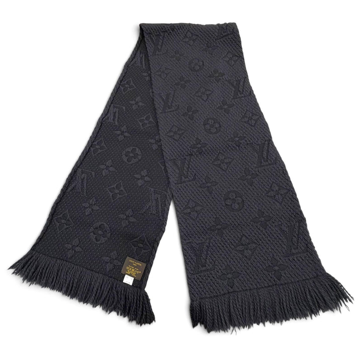美品▼LOUIS VUITTON ルイヴィトン M72431 エシャルプ ロゴマニア モノグラム ウール シルク フリンジ付き マフラー ダークグレー 正規品