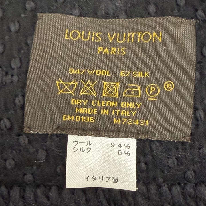 美品▼LOUIS VUITTON ルイヴィトン M72431 エシャルプ ロゴマニア モノグラム ウール シルク フリンジ付き マフラー ダークグレー 正規品