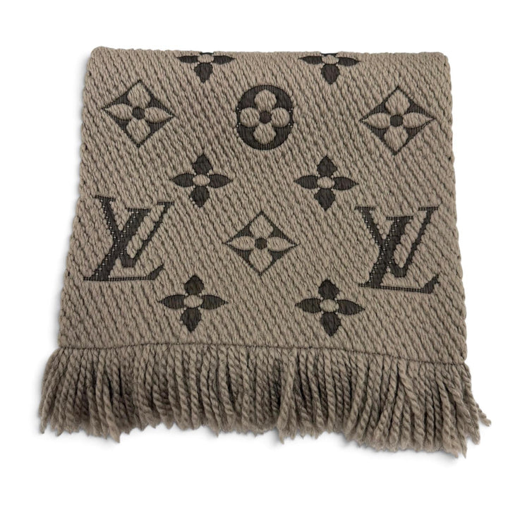 美品▼LOUIS VUITTON ルイヴィトン 413287 エシャルプ ロゴマニア モノグラム ウール シルク フリンジ付き マフラー グレージュ 正規品