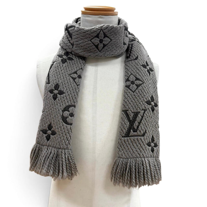 美品▼LOUIS VUITTON ルイヴィトン 413287 エシャルプ ロゴマニア モノグラム ウール シルク フリンジ付き マフラー グレージュ 正規品