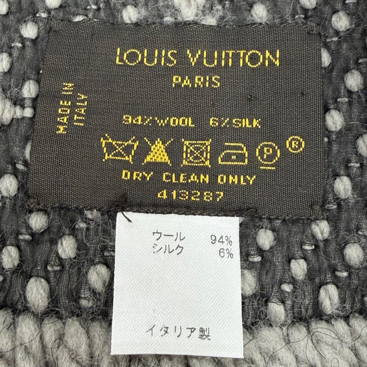美品▼LOUIS VUITTON ルイヴィトン 413287 エシャルプ ロゴマニア モノグラム ウール シルク フリンジ付き マフラー グレージュ 正規品