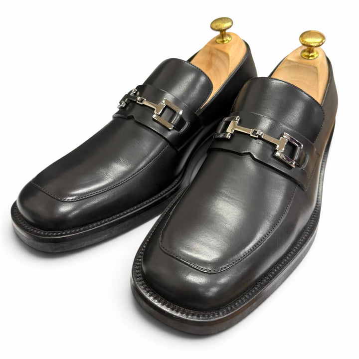極美品□GUCCI グッチ レザー ホースビット ローファー フラットシューズ ブラック シルバー金具 40.5 イタリア製 メンズ 箱付き