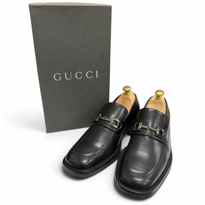 極美品□GUCCI グッチ レザー ホースビット ローファー フラットシューズ ブラック シルバー金具 40.5 イタリア製 メンズ 箱付き