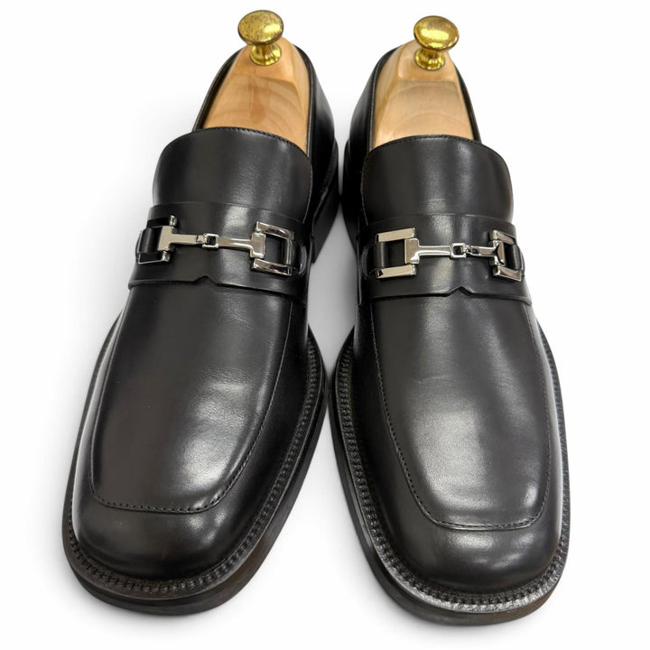極美品□GUCCI グッチ レザー ホースビット ローファー フラットシューズ ブラック シルバー金具 40.5 イタリア製 メンズ 箱付き