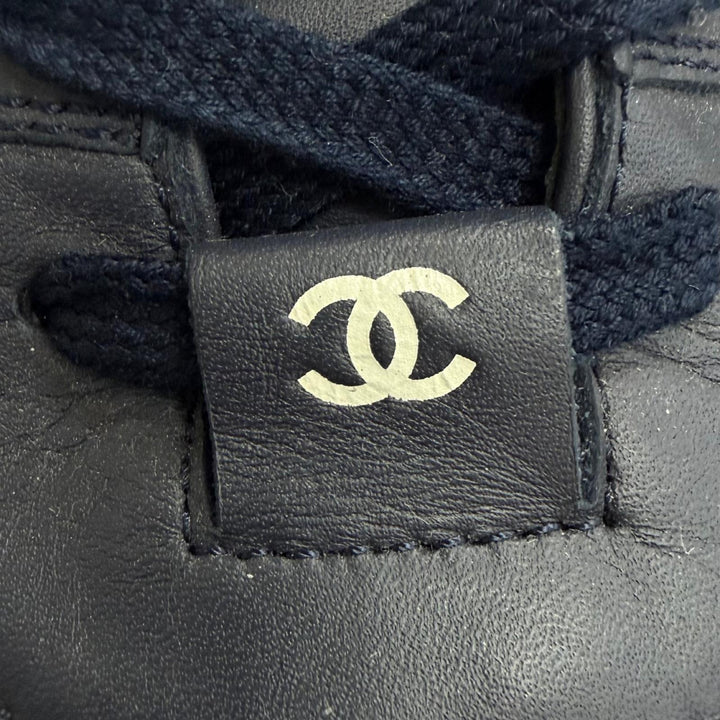 美品□CHANEL シャネル G31762 レザー ココマーク レースアップ ハイカットスニーカー シューズ ネイビー 43 イタリア製 メンズ