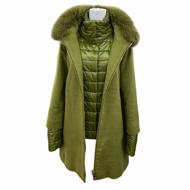 美品☆Herno ヘルノ 2019年製 CA0257D カシミヤ100％ フォックスファー 中綿入り ZIP UP コート ライトグリーン 42 イタリア製 正規品