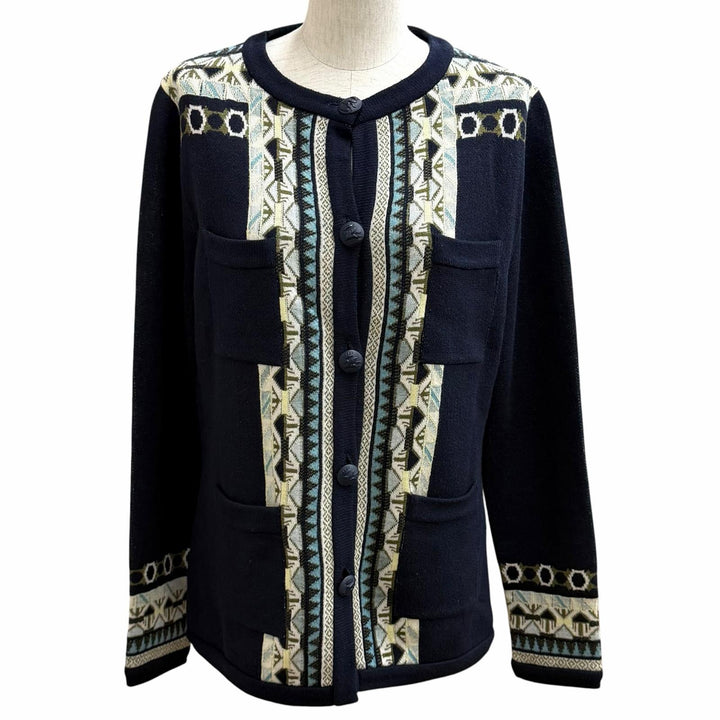 未使用品★ETRO エトロ 23SS シルク100％ ロゴボタン クルーネック ニットカーディガン ネイビー 44 イタリア製 正規品 レディース
