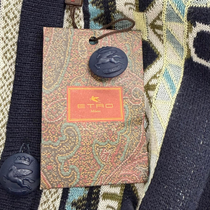 未使用品★ETRO エトロ 23SS シルク100％ ロゴボタン クルーネック ニットカーディガン ネイビー 44 イタリア製 正規品 レディース