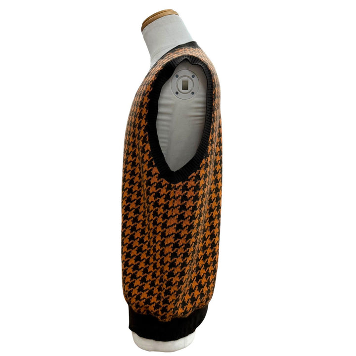 美品▼HERMES エルメス ウール カシミヤ 千鳥格子柄 ニット ジレ ベスト オレンジ ダークブラウン XL イタリア製 正規品 メンズ