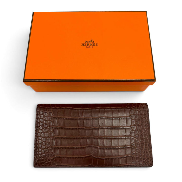 極美品▼HERMES エルメス MC2 フレミング アリゲーターマット レザーウォレット 二つ折り 長財布 ハバナ K刻印 フランス製 メンズ 箱付き