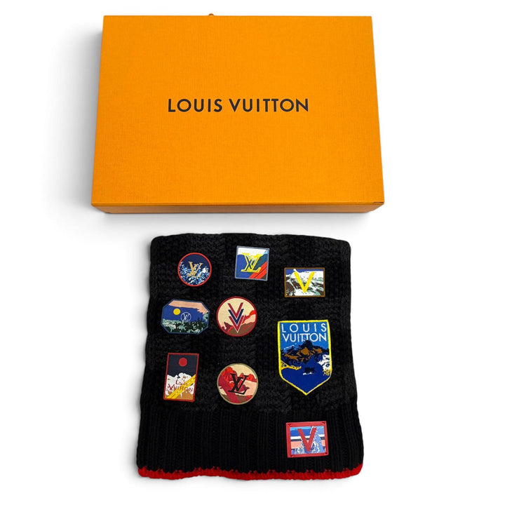 美品▼LOUIS VUITTON ルイヴィトン M71108 エシャルプ ヘルシンキアルプス カシミヤ100% 牛革 レザーパッチ マフラー ブラック 正規品