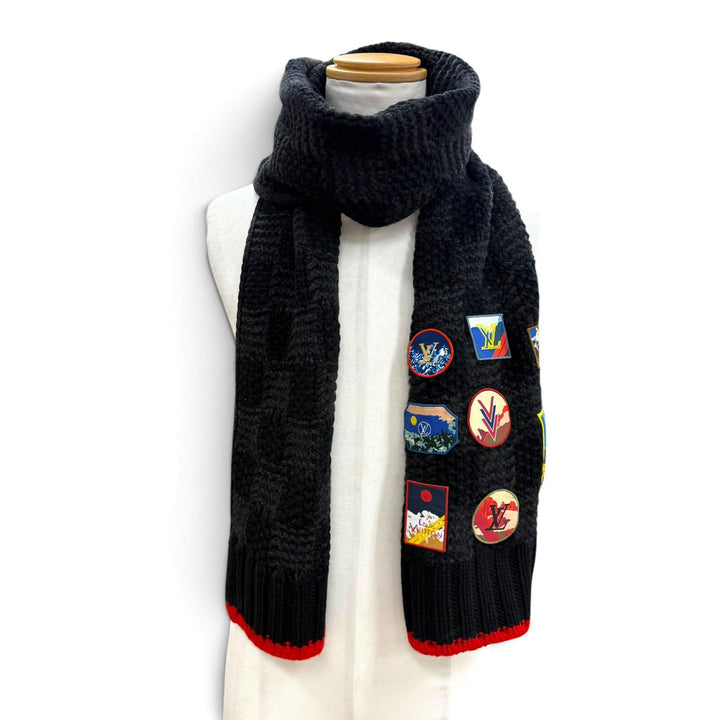 美品▼LOUIS VUITTON ルイヴィトン M71108 エシャルプ ヘルシンキアルプス カシミヤ100% 牛革 レザーパッチ マフラー ブラック 正規品