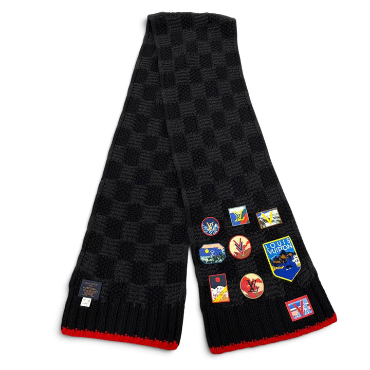美品▼LOUIS VUITTON ルイヴィトン M71108 エシャルプ ヘルシンキアルプス カシミヤ100% 牛革 レザーパッチ マフラー ブラック 正規品
