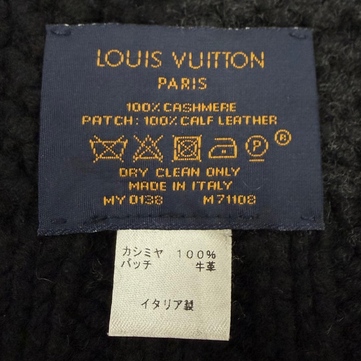 美品▼LOUIS VUITTON ルイヴィトン M71108 エシャルプ ヘルシンキアルプス カシミヤ100% 牛革 レザーパッチ マフラー ブラック 正規品