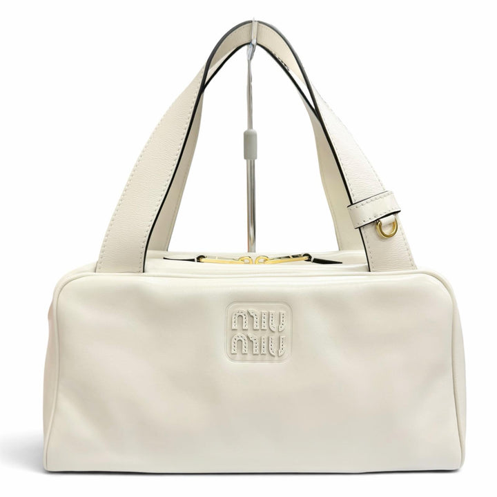 未使用品△MIUMIU ミュウミュウ 5BB182 ロゴ シャインカーフレザー ボーリング バッグ ハンドバッグ アイボリー イタリア製 保存袋付き