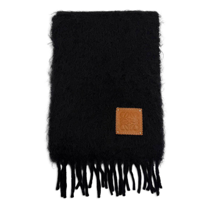 極美品▼LOEWE ロエベ モヘア ウール アナグラムロゴ レザーパッチ フリンジ付 マフラー ブラック スペイン製 正規品 メンズ レディース