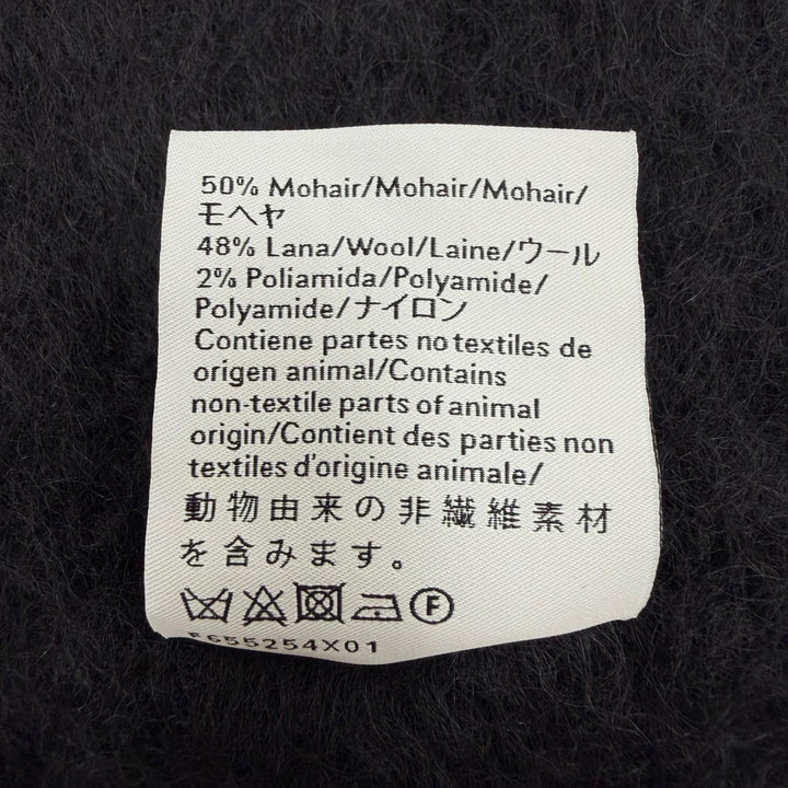 極美品▼LOEWE ロエベ モヘア ウール アナグラムロゴ レザーパッチ フリンジ付 マフラー ブラック スペイン製 正規品 メンズ レディース