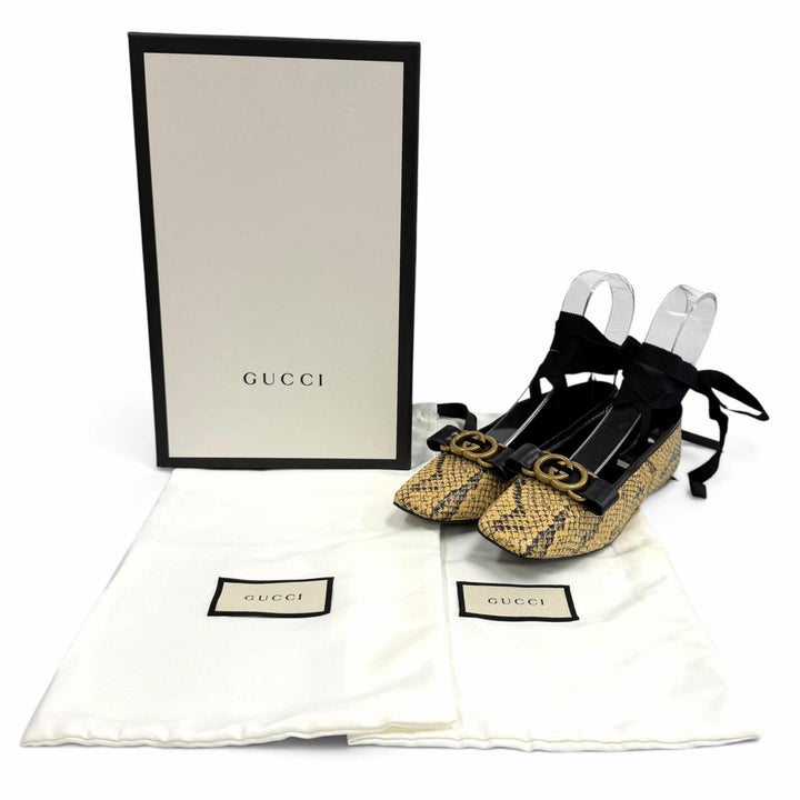 未使用品★GUCCI グッチ インターロッキングG レザー使い パイソンレザー バレエシューズ フラットパンプス ベージュ 35 箱・保存袋付き