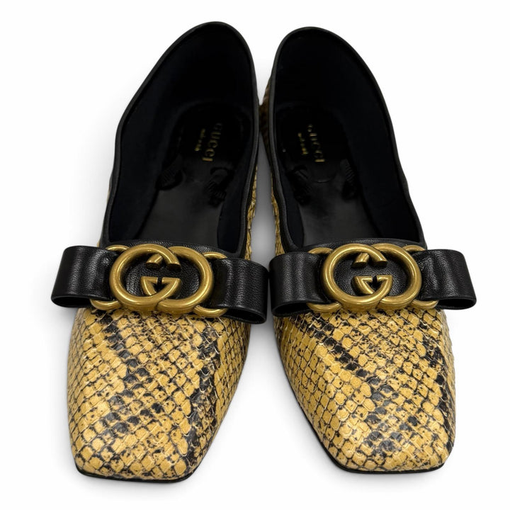 未使用品★GUCCI グッチ インターロッキングG レザー使い パイソンレザー バレエシューズ フラットパンプス ベージュ 35 箱・保存袋付き