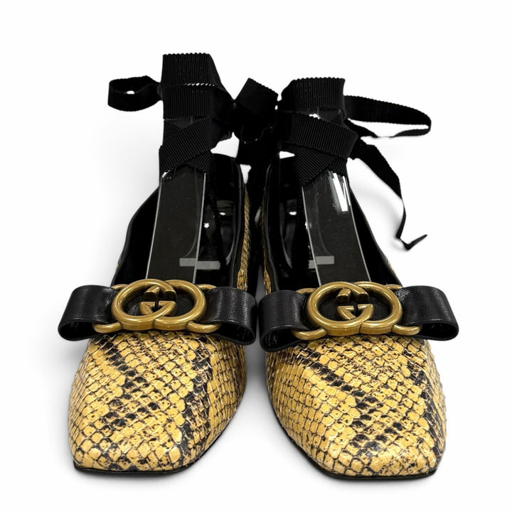 未使用品★GUCCI グッチ インターロッキングG レザー使い パイソンレザー バレエシューズ フラットパンプス ベージュ 35 箱・保存袋付き