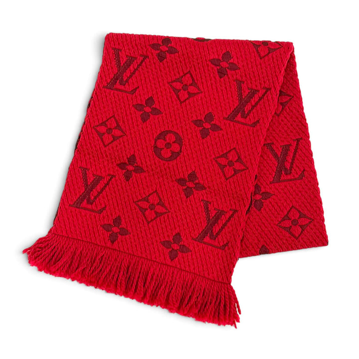 美品△LOUIS VUITTON ルイヴィトン 413287 エシャルプ ロゴマニア ウール シルク ルビー モノグラム フリンジ マフラー 伊製 正規品