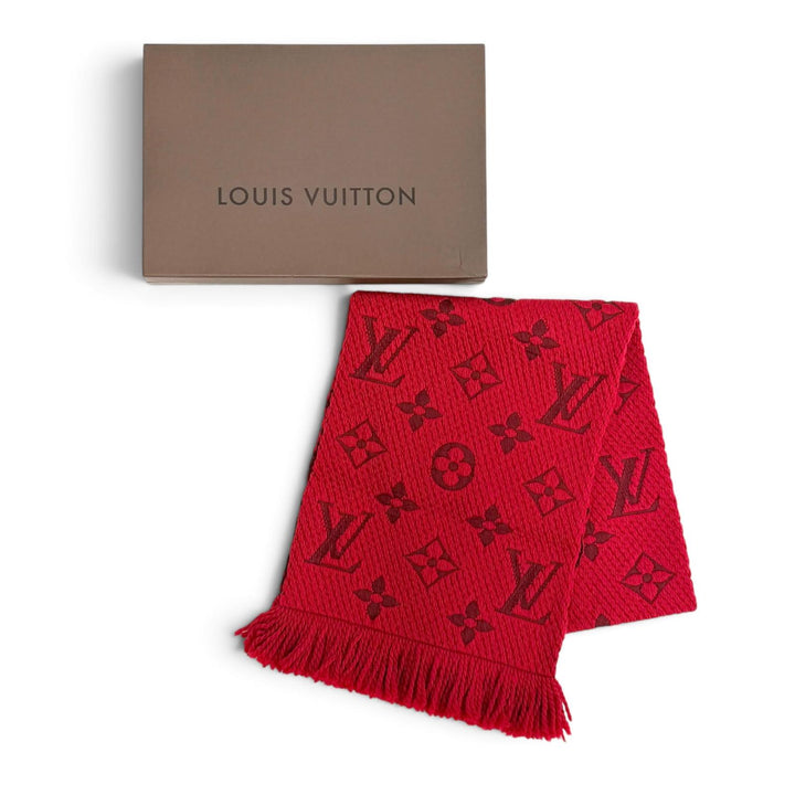 美品△LOUIS VUITTON ルイヴィトン 413287 エシャルプ ロゴマニア ウール シルク ルビー モノグラム フリンジ マフラー 伊製 正規品