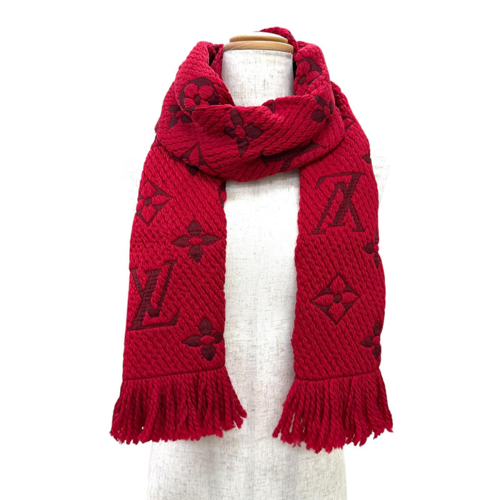 美品△LOUIS VUITTON ルイヴィトン 413287 エシャルプ ロゴマニア ウール シルク ルビー モノグラム フリンジ マフラー 伊製 正規品