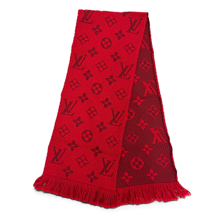 美品△LOUIS VUITTON ルイヴィトン 413287 エシャルプ ロゴマニア ウール シルク ルビー モノグラム フリンジ マフラー 伊製 正規品