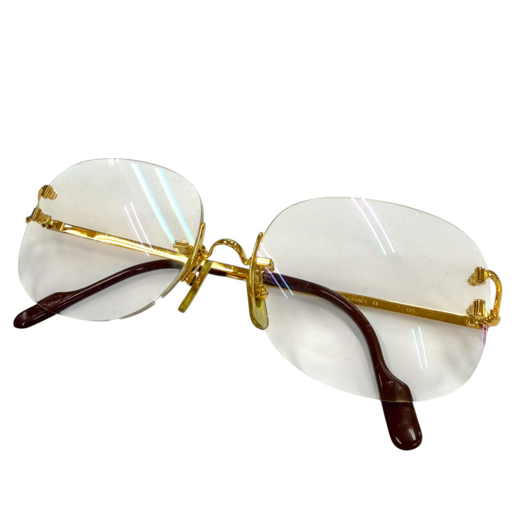 良品▼Cartier カルティエ ヴィンテージ 2C デコール ツーポイント リムレス ロゴ金具付き メガネ 眼鏡 アイウェア □16 135 度入り 仏製