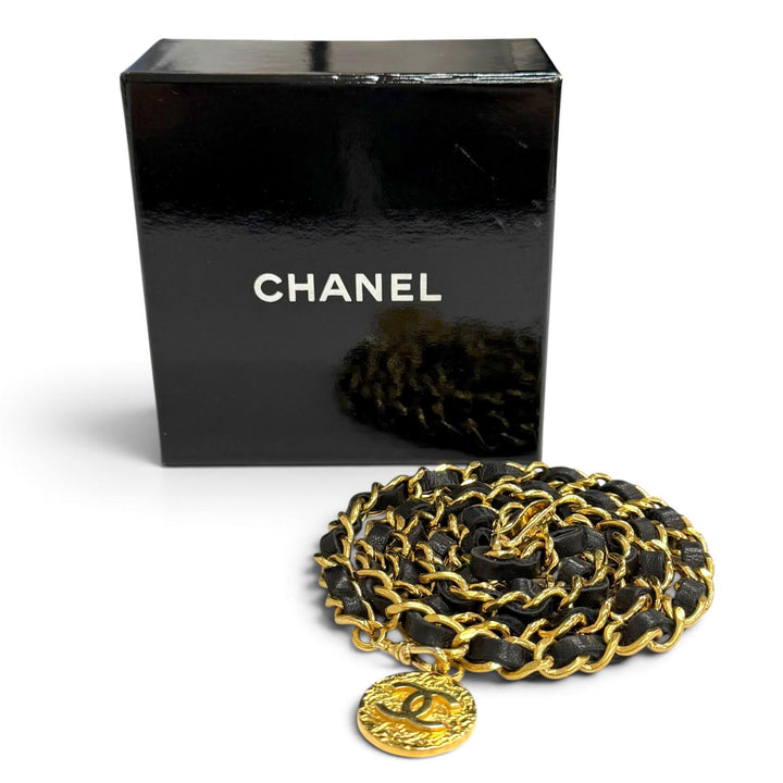 良品△CHANEL シャネル ヴィンテージ ココマークメダルモチーフ1P レザー チェーン ベルト ゴールド ブラック レディース 箱付き
