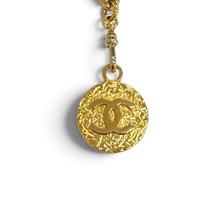 良品△CHANEL シャネル ヴィンテージ ココマークメダルモチーフ1P レザー チェーン ベルト ゴールド ブラック レディース 箱付き