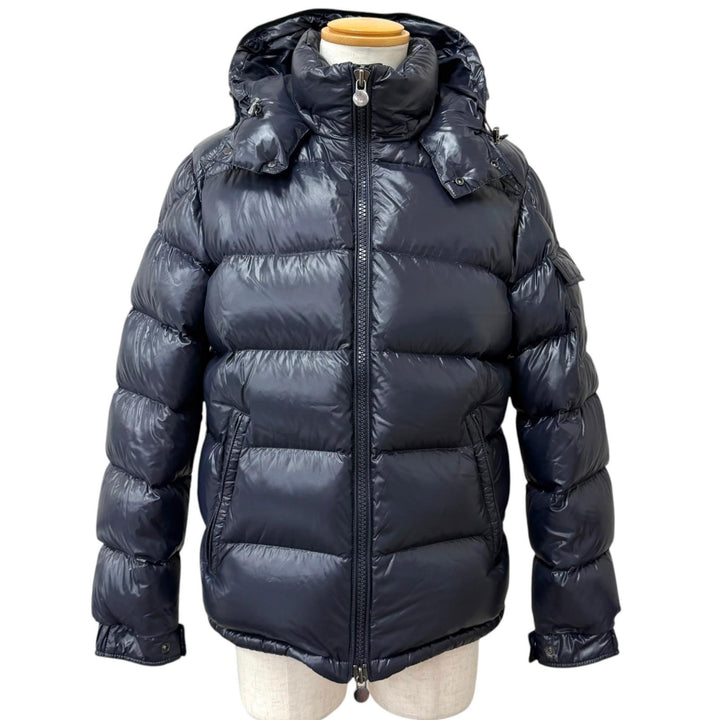 美品□MONCLER モンクレール MAYA GIUBBOTTO ロゴワッペン フーデッド ダウンジャケット パファージャケット ネイビー 3 正規品 メンズ
