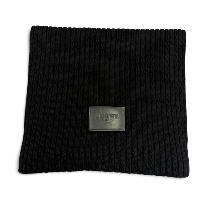 美品▼LOEWE ロエベ ウール100% レザーワッペン付き ローゲージニット ロングマフラー ブラック イタリア製 正規品 メンズ 防寒具