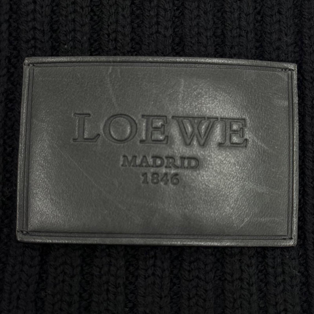 美品▼LOEWE ロエベ ウール100% レザーワッペン付き ローゲージニット ロングマフラー ブラック イタリア製 正規品 メンズ 防寒具