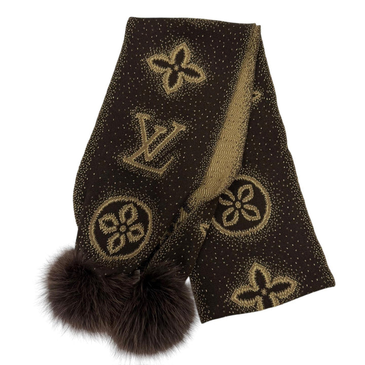 美品☆LOUIS VUITTON ルイヴィトン 410477 エシャルプ・ポリアナ カシミヤ フォックスファー付 マフラー ブラウン イタリア製 正規品