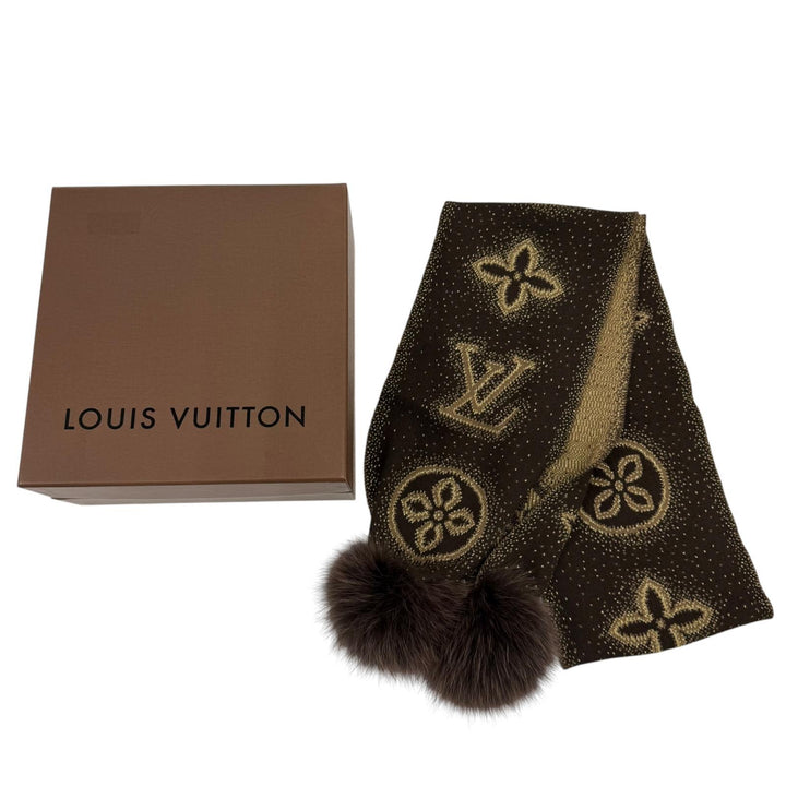 美品☆LOUIS VUITTON ルイヴィトン 410477 エシャルプ・ポリアナ カシミヤ フォックスファー付 マフラー ブラウン イタリア製 正規品