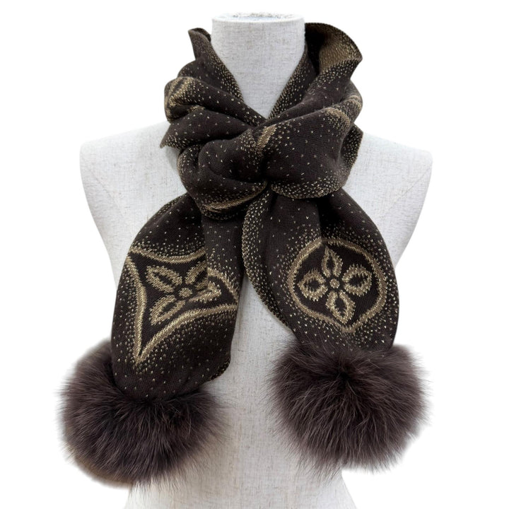 美品☆LOUIS VUITTON ルイヴィトン 410477 エシャルプ・ポリアナ カシミヤ フォックスファー付 マフラー ブラウン イタリア製 正規品