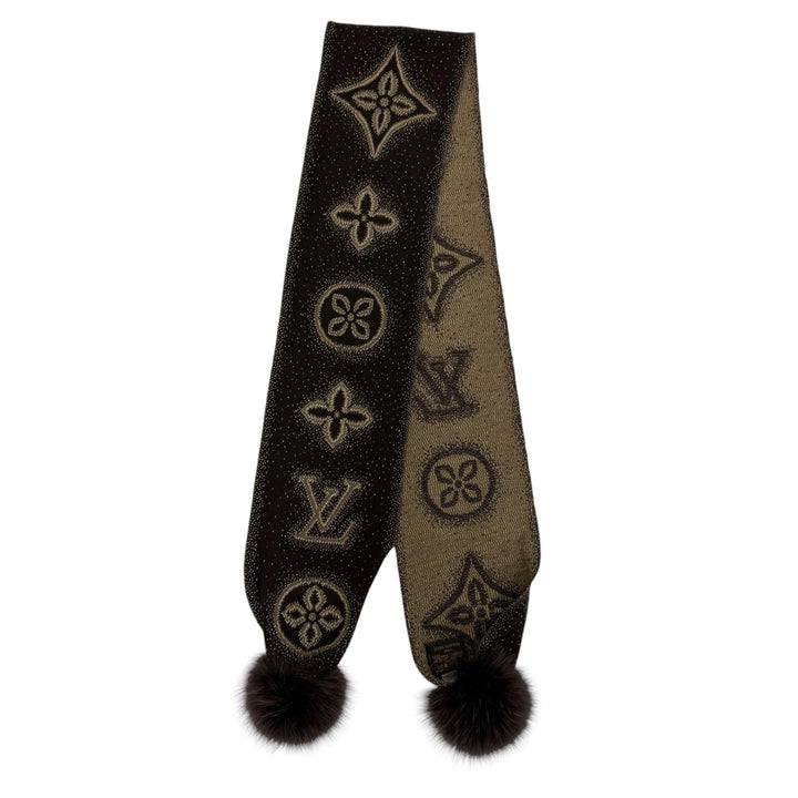 美品☆LOUIS VUITTON ルイヴィトン 410477 エシャルプ・ポリアナ カシミヤ フォックスファー付 マフラー ブラウン イタリア製 正規品