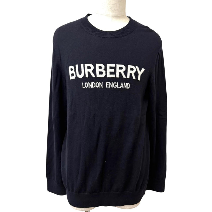 極美品□BURBERRY バーバリー 8051128 ウール ロゴデザイン ロングスリーブニット セーター ネイビー L イタリア製 正規品 メンズ