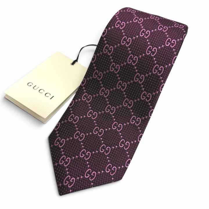 極美品□GUCCI グッチ 408865 シルク100％ GGジャガード 総柄 ネクタイ レギュラータイ パープル イタリア製 正規品 メンズ ビジネス◎