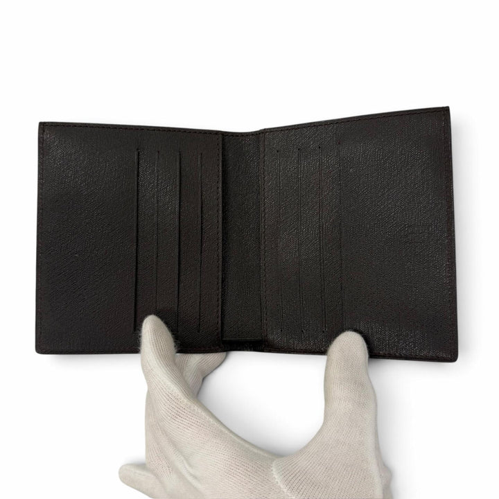 極美品▼Dunhill ダンヒル レザー ロゴプレート付き 札入れ コンパクトウォレット 二つ折り財布 ダークブラウン メンズ 箱付き