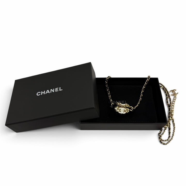 極美品☆CHANEL シャネル B23S ココマーク リップモチーフ ラインストーン ミラー チェーンネックレス ゴールド ブラック 箱・保存袋付き
